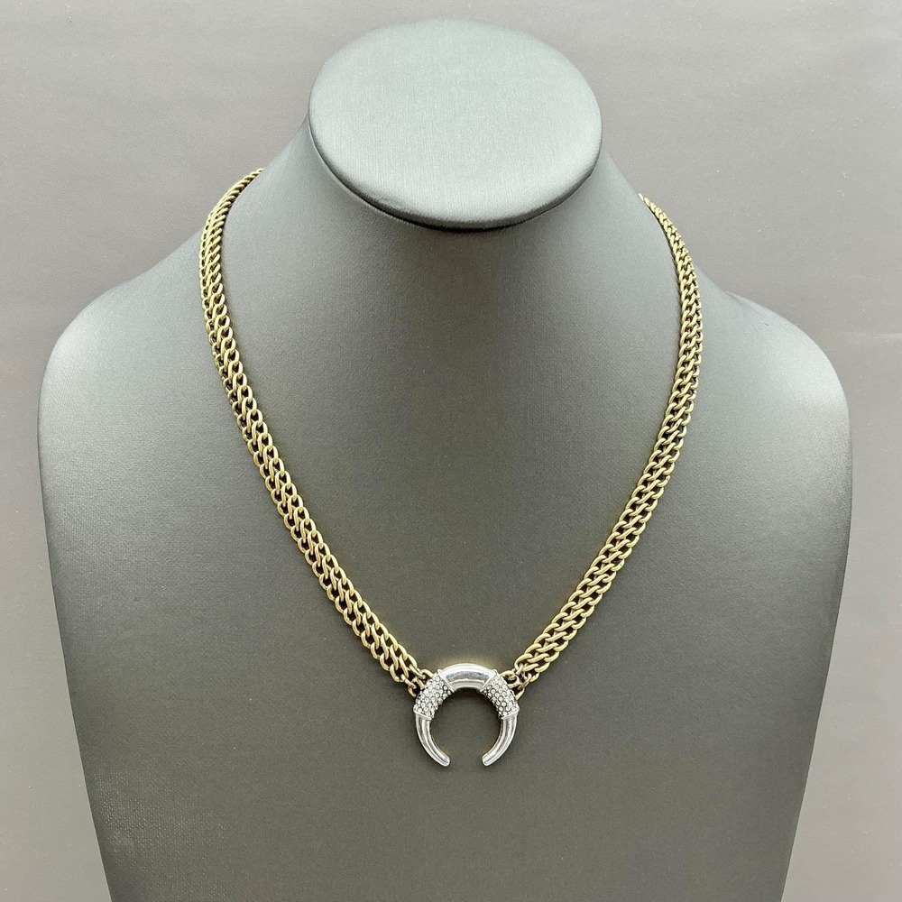 Stella & Dot Pegasus Reversible Horseshoe Necklace Gold Silver Pave 19" Chain